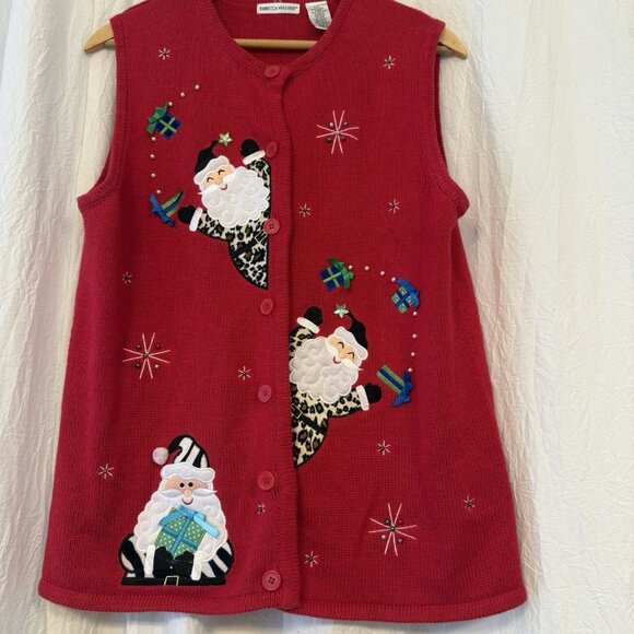 Ugly Holiday Sweater Vest Women L Animal Print Santa Y2K 90s Cheetah Zebra Red - Picture 9 of 9